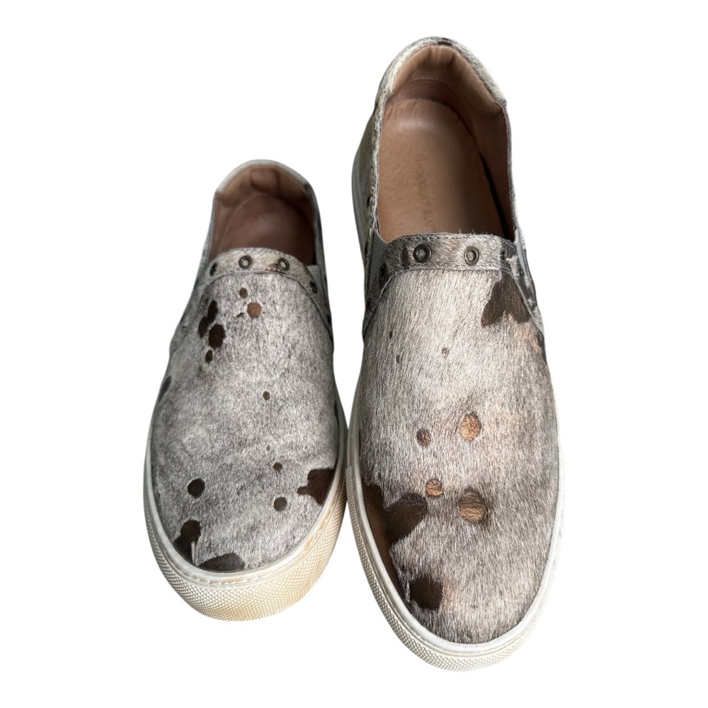 Chocolat Blu Calf Hair Slip‑On Sneakers – Gold Studded – EU 41